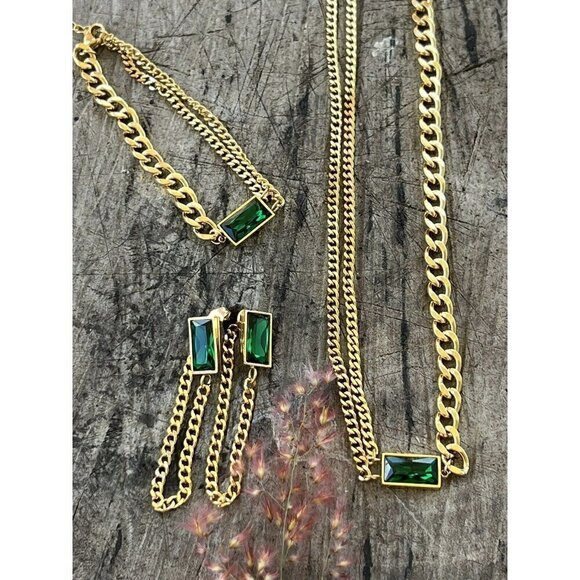 Gold Plated Tassel Emerald Green Earrings Stainless Steel Chain womens jewelry - Picture 5 of 11